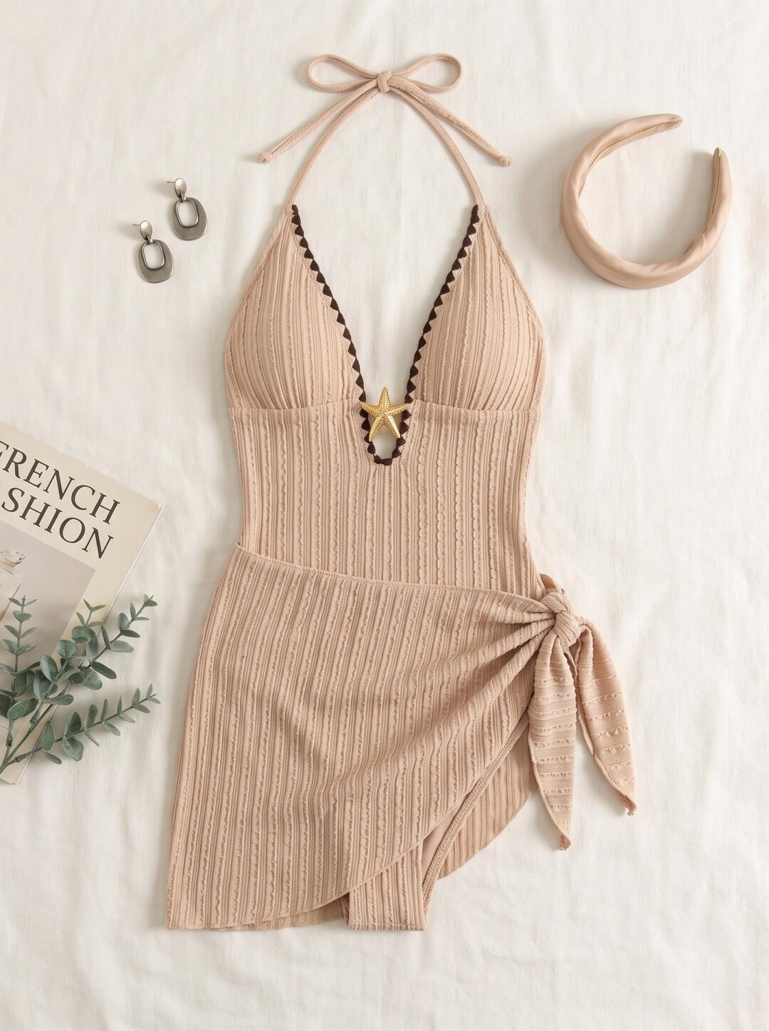 Sand Starfish Halter One Piece Swimsuit with Sarong