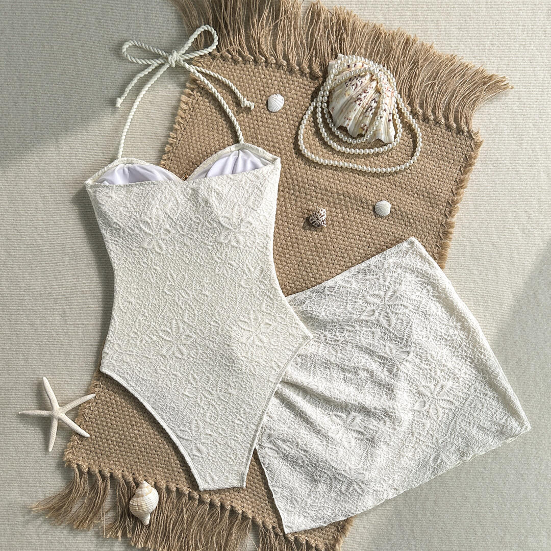 White Lace Starfish One Piece Swimsuit with Sarong