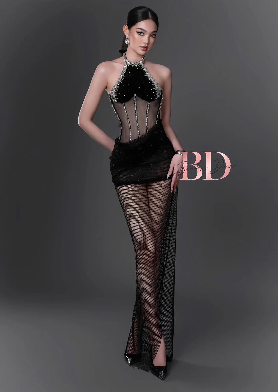 Bandage Dress Halter Neck Mesh Dress