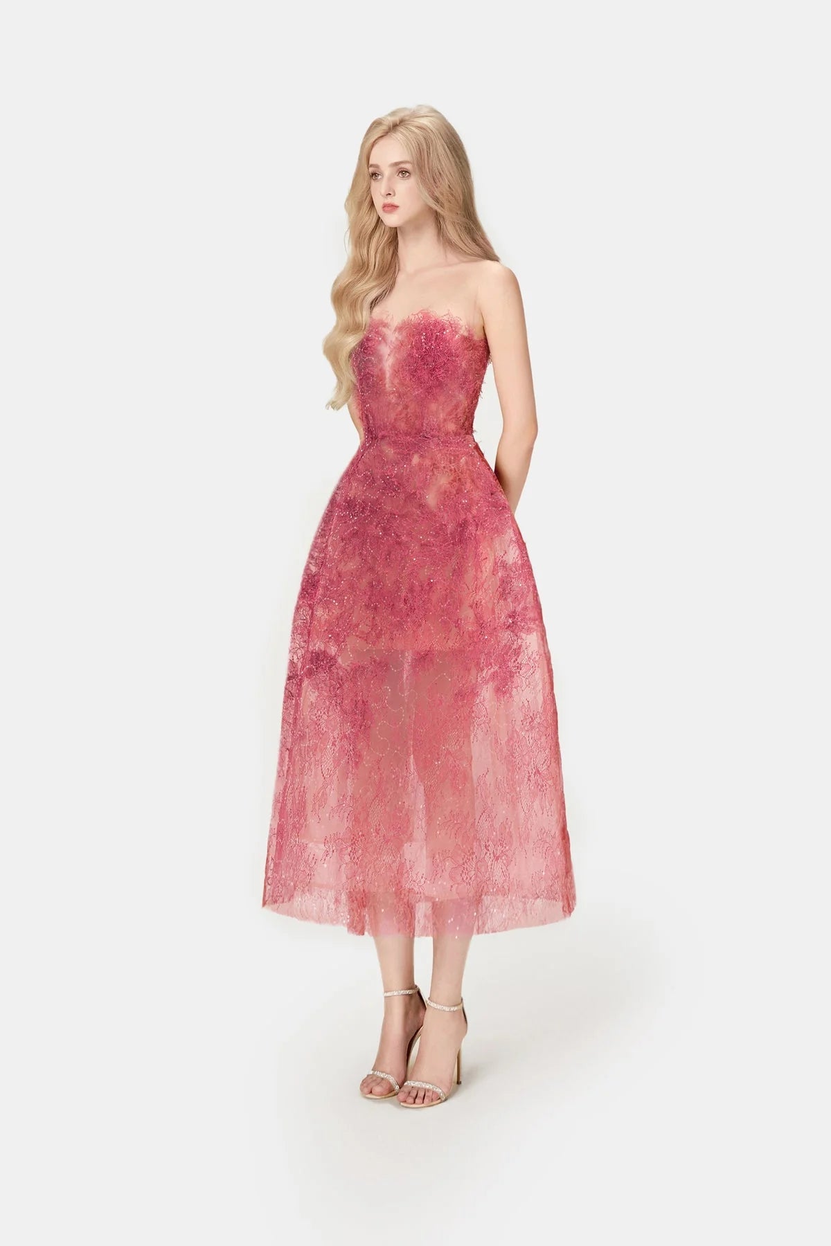 MONTSAND Red Beaded Lace Maxi Dress