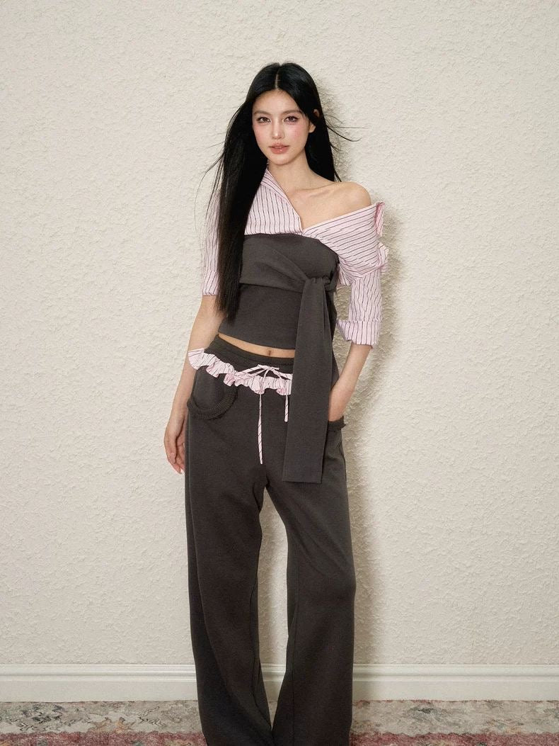 Pink-Grey Off-Shoulder Suit Set