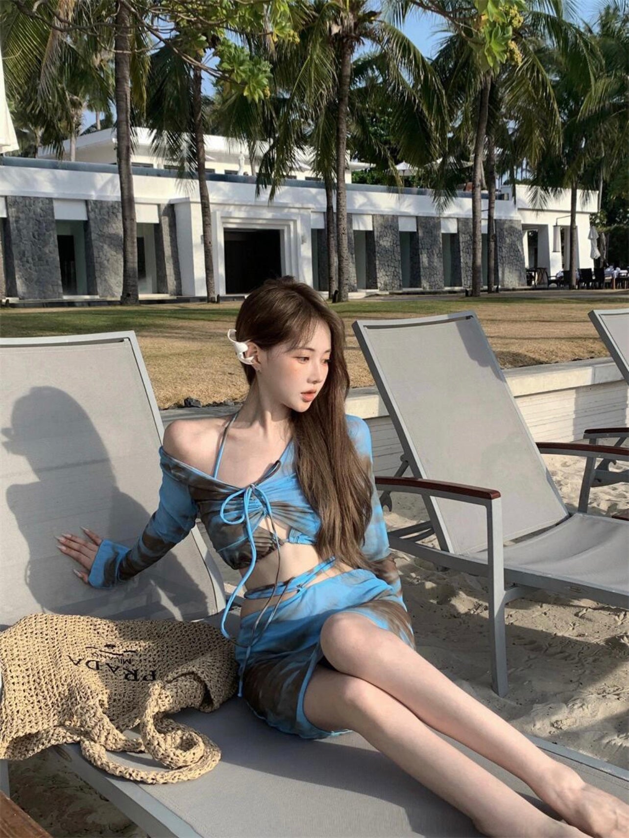 Blue & Brown Patchwork Four-Piece Swimsuit Set with Skirt