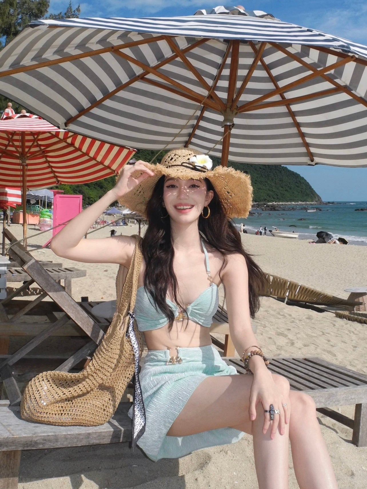 Mint Green Three-Piece Swimsuit Set with Gold Accents