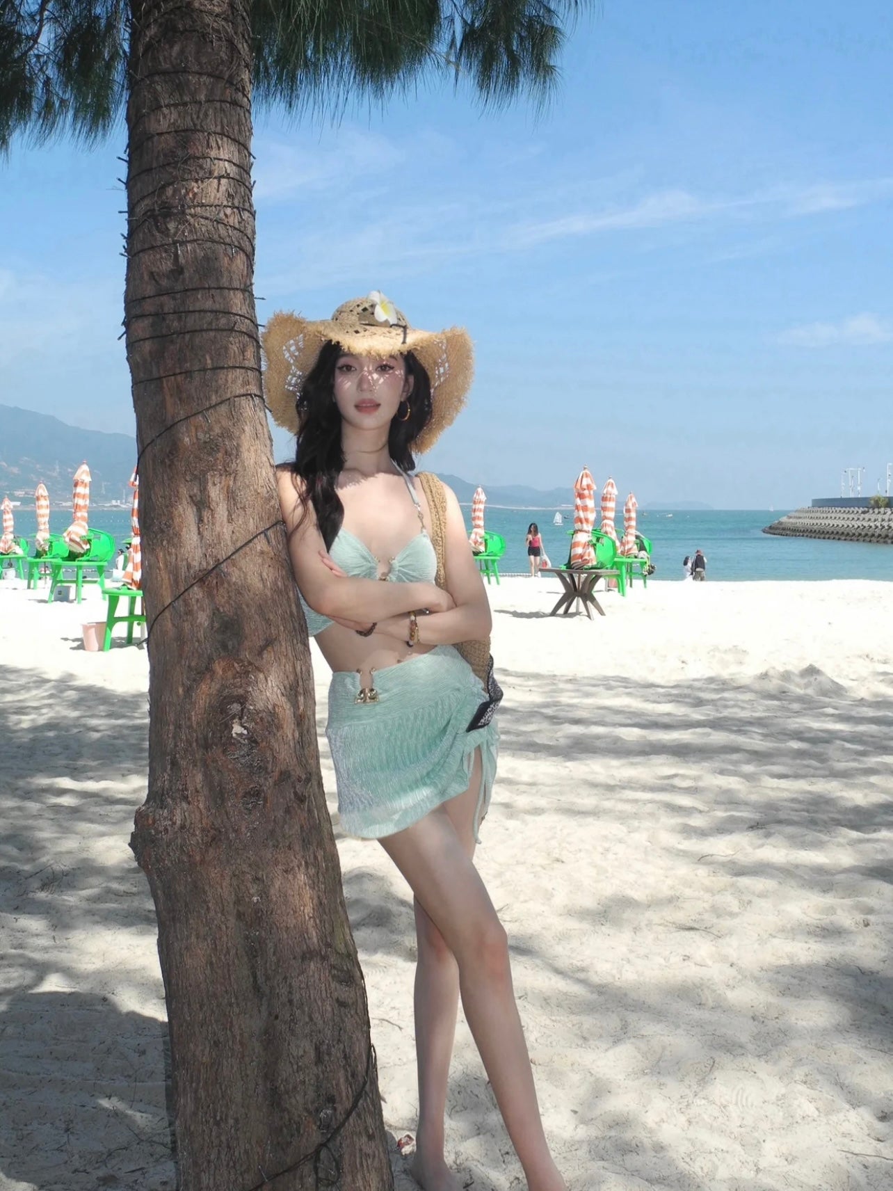 Mint Green Three-Piece Swimsuit Set with Gold Accents