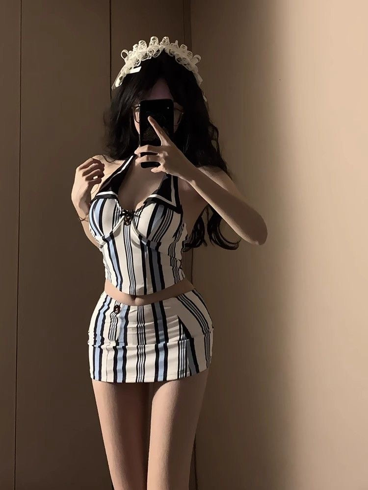 Navy Blue Striped Bikini Three-Piece Set