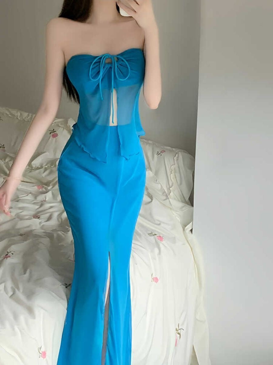 Lake Blue Maxi Dress Bikini Three-Piece Set