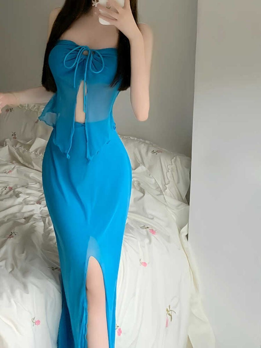 Lake Blue Maxi Dress Bikini Three-Piece Set