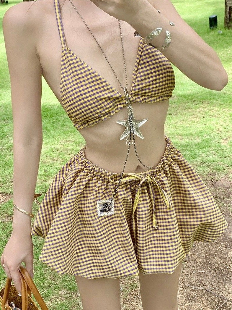 Gingham Breeze 3-Piece Bikini Set