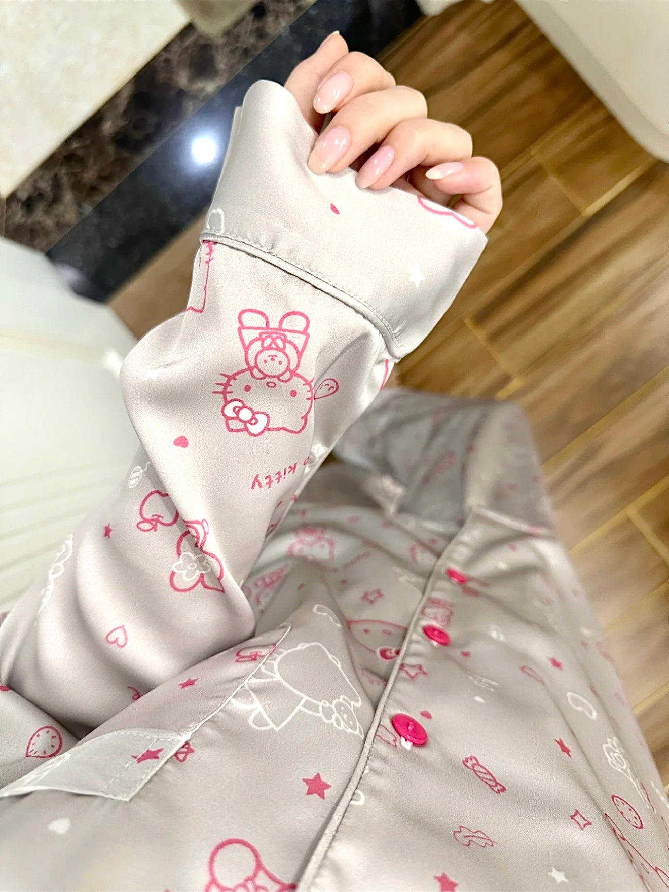 Sweet Cool Silver-Pink Kitty Satin Pajama Set
