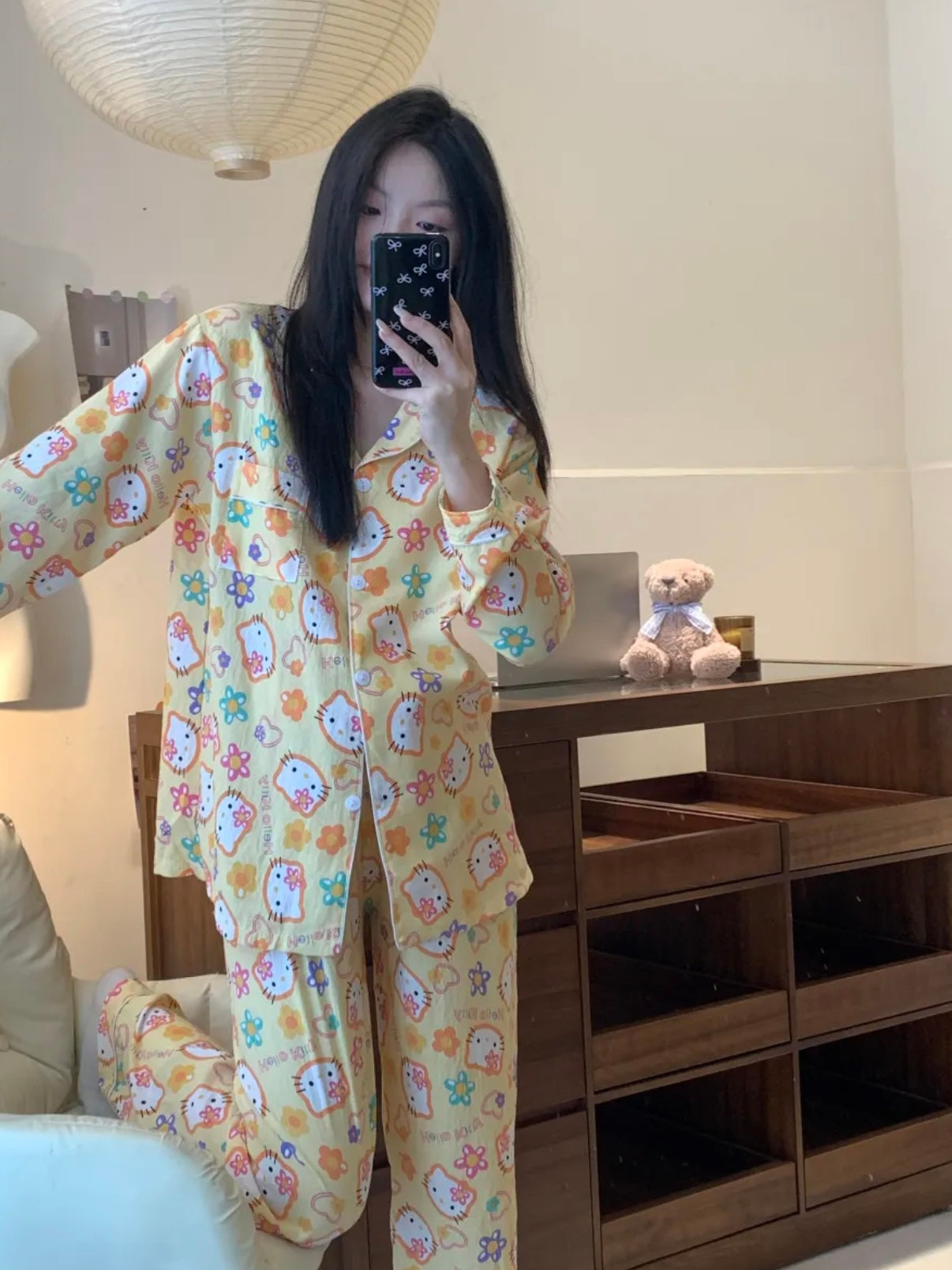Hello Kitty Cloud Cotton Pajama Set – Yellow Floral Print