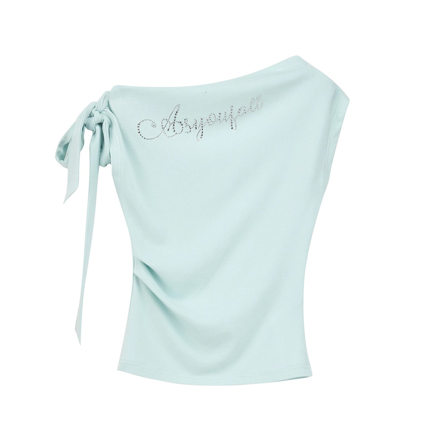 Asymmetrical Shoulder Blue-Green Tie-Waist Slim Fit Stylish Top