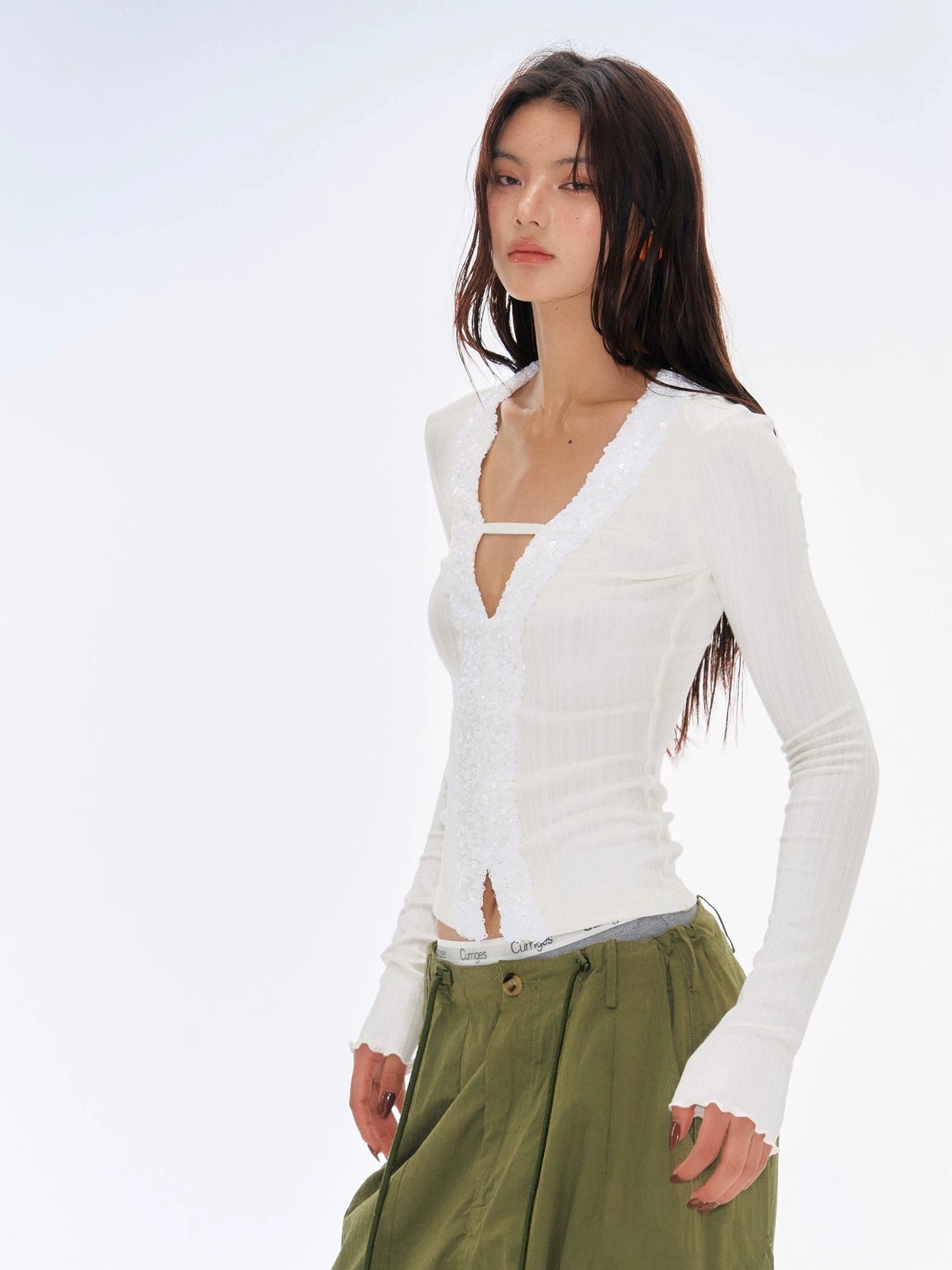 Sexy Chic Slim Fit Sequin-Embellished Patchwork Knit Long Sleeve Top