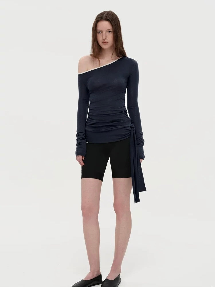 Asymmetrical Shoulder Draped Slim Fit Ruched Top – Imported Merino Wool & Lyocell Blend