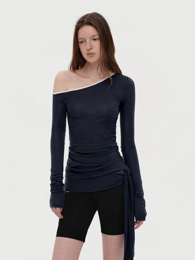 Asymmetrical Shoulder Draped Slim Fit Ruched Top – Imported Merino Wool & Lyocell Blend