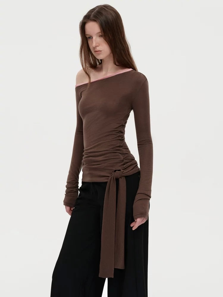 Asymmetrical Shoulder Draped Slim Fit Ruched Top – Imported Merino Wool & Lyocell Blend