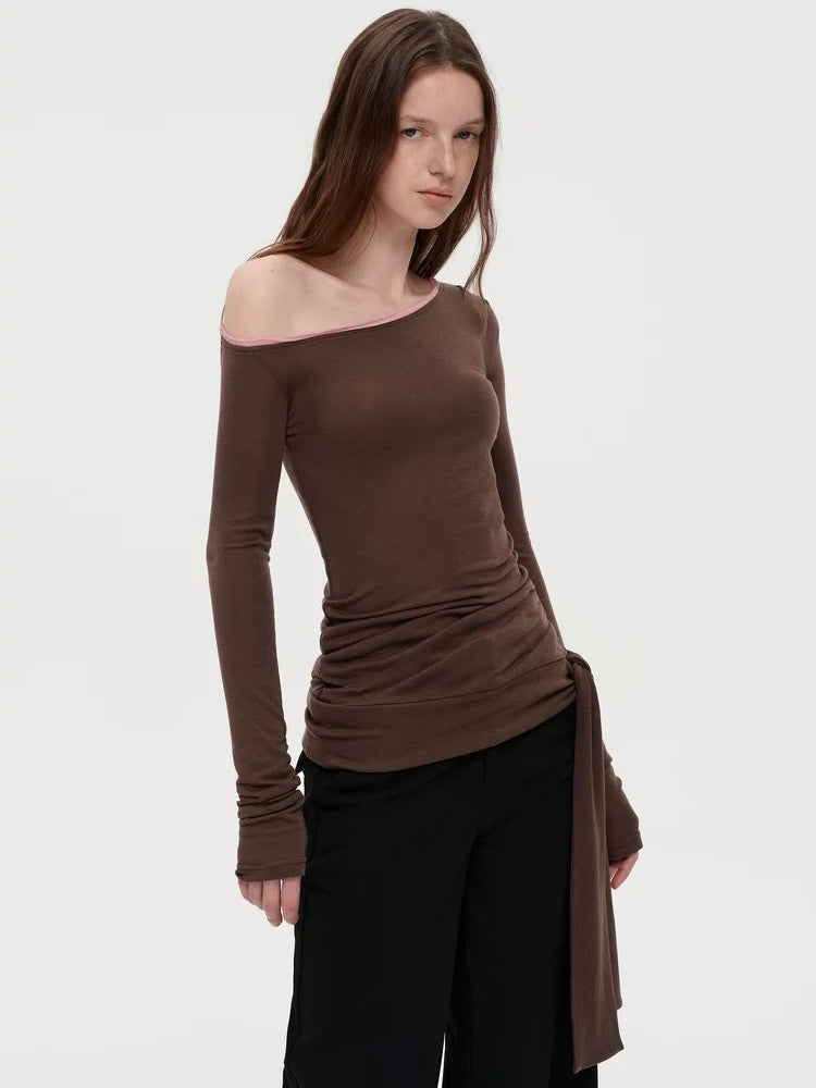 Asymmetrical Shoulder Draped Slim Fit Ruched Top – Imported Merino Wool & Lyocell Blend