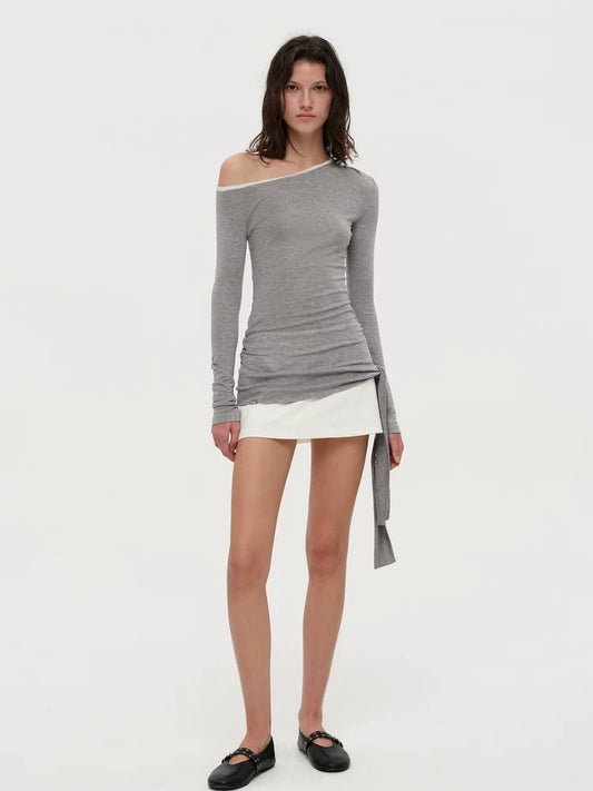 Asymmetrical Shoulder Draped Slim Fit Ruched Top – Imported Merino Wool & Lyocell Blend