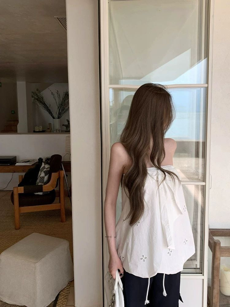 Bow Eyelet Strapless Top