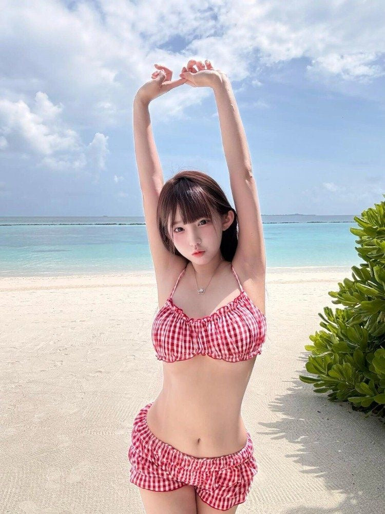 Red Gingham Bikini Set with Skirt