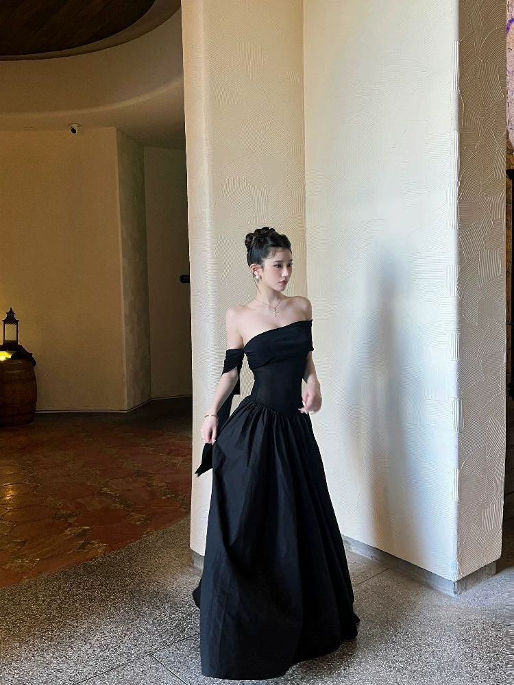 Black Off-Shoulder Maxi Dress with Ribbon Straps
