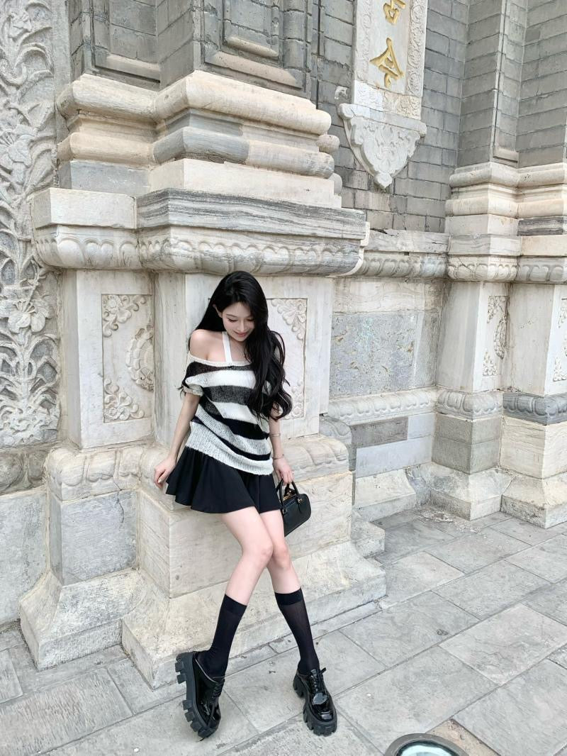 Black and White Cutout One-Shoulder Knit Top