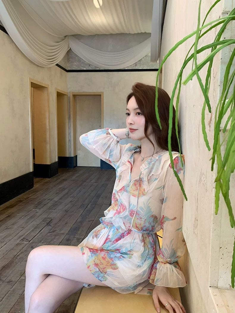 Floral Sheer Belted Mini Dress
