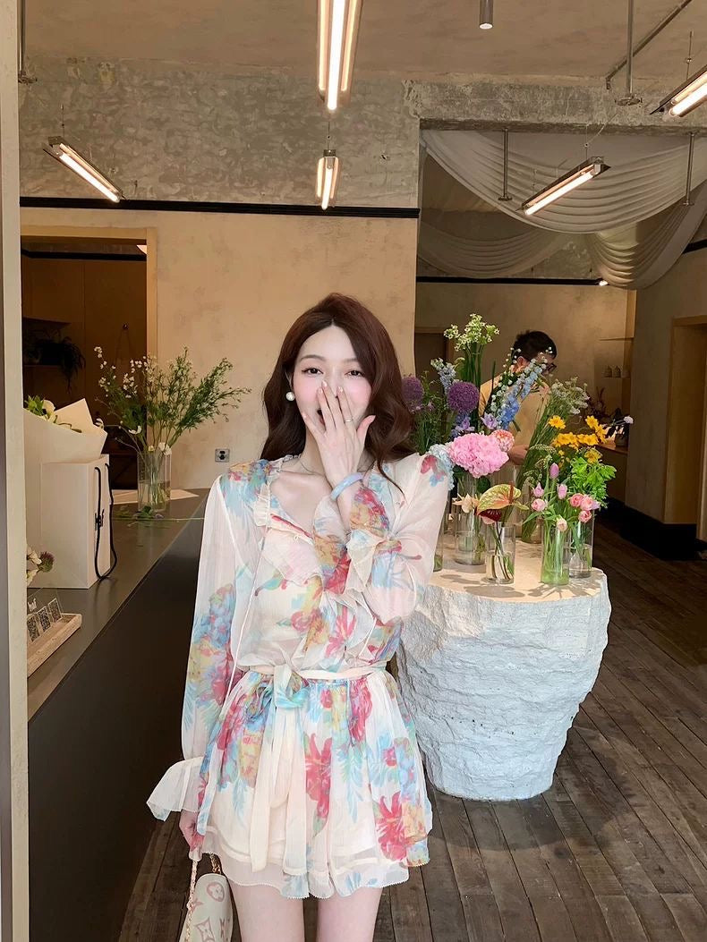 Floral Sheer Belted Mini Dress