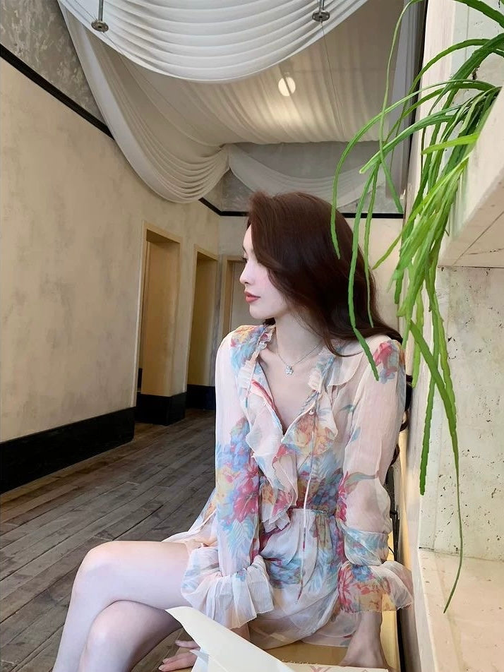 Floral Sheer Belted Mini Dress