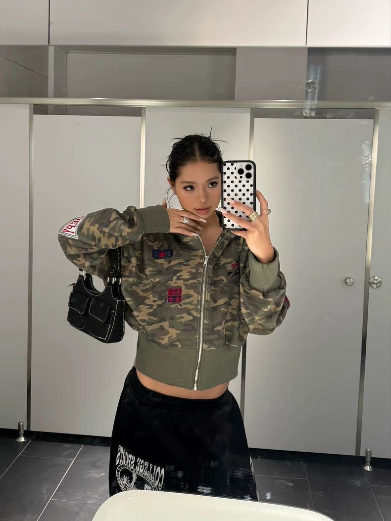 Camo Cropped Bomber Zip Jacket