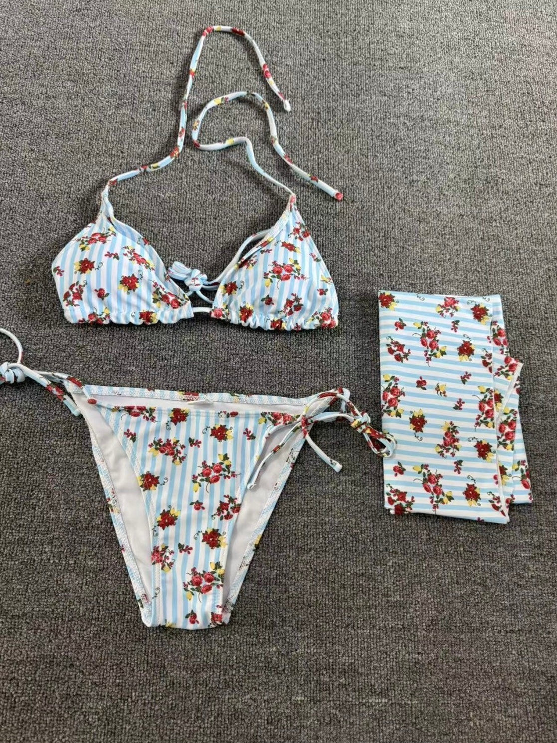 Floral Stripe 3-Piece Bikini Set with Wrap Skirt