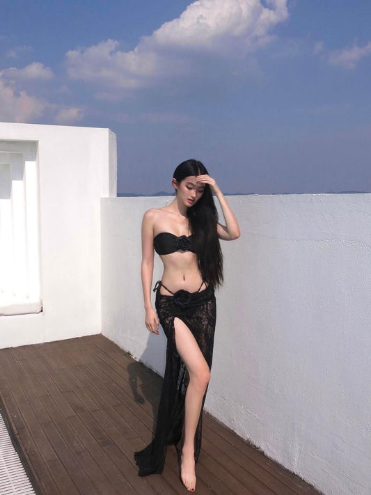 Black Rose Bandeau Bikini & Lace Skirt Set