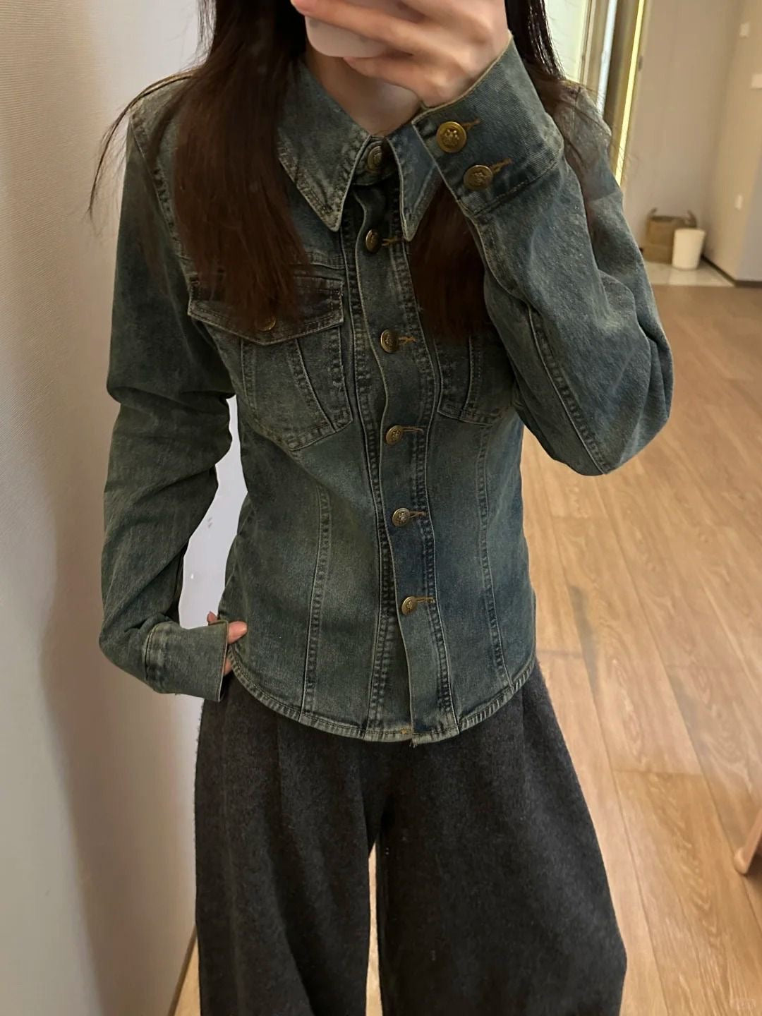 Stretch Denim Cinched Waist Shirt Jacket