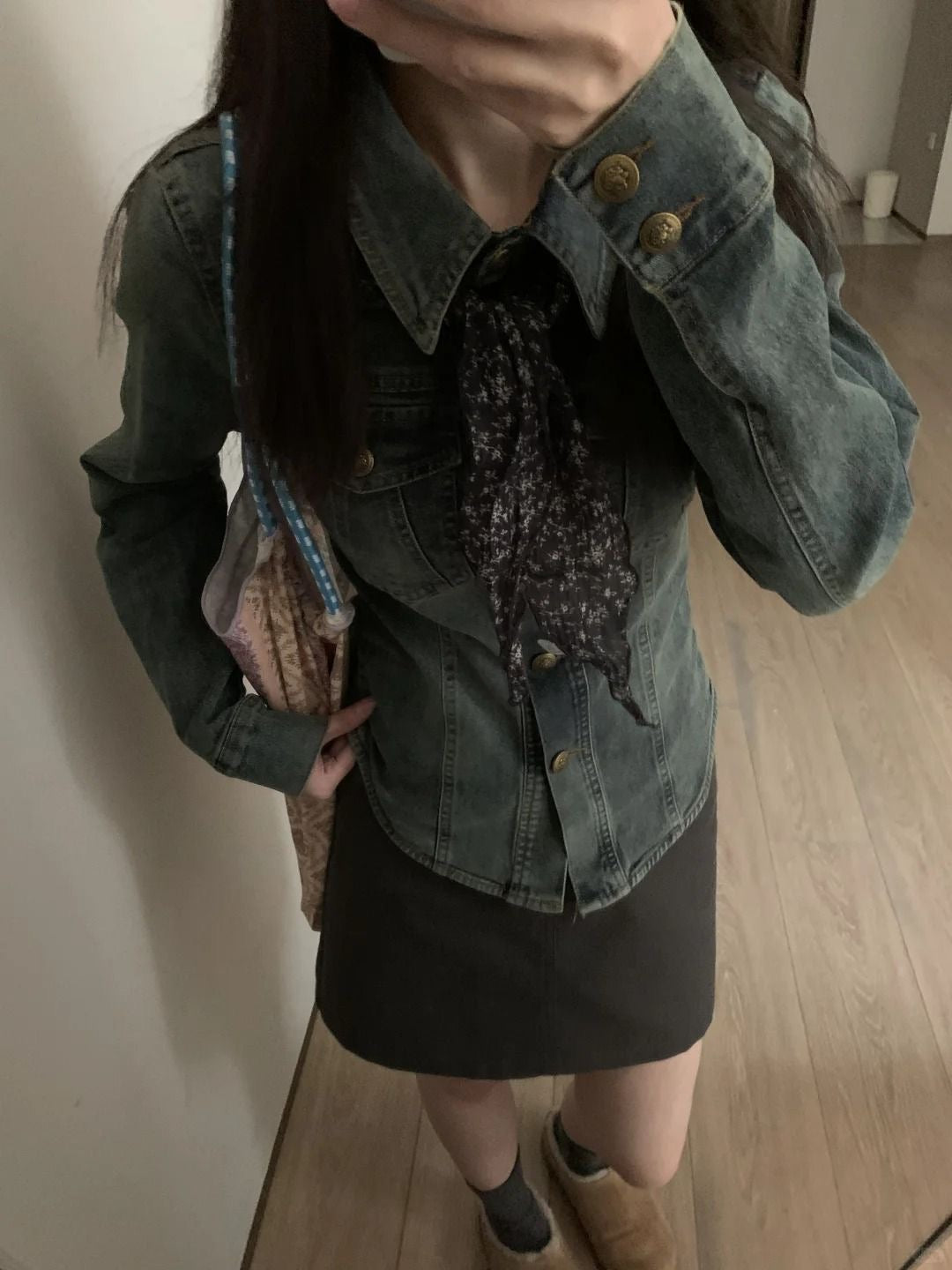 Stretch Denim Cinched Waist Shirt Jacket