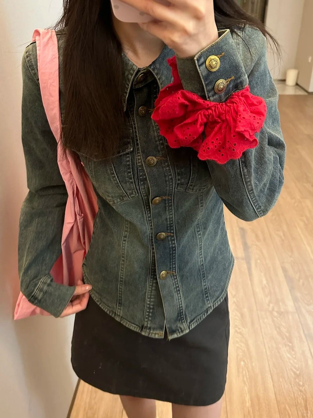 Stretch Denim Cinched Waist Shirt Jacket