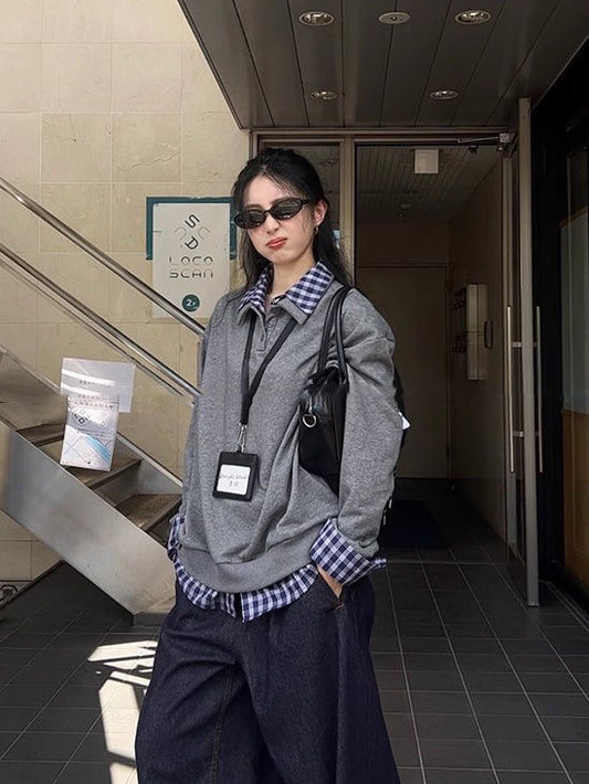 370g Plaid Shirt Panel Layered Sweatshirt