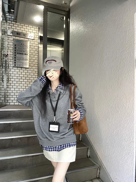 370g Plaid Shirt Panel Layered Sweatshirt