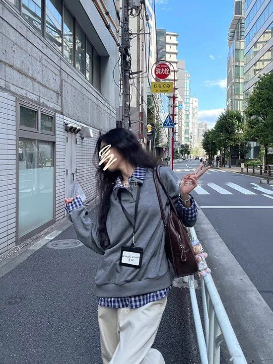 370g Plaid Shirt Panel Layered Sweatshirt