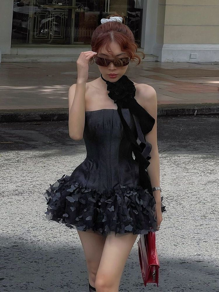 Black Rosette Strapless Ruffle Mini Dress