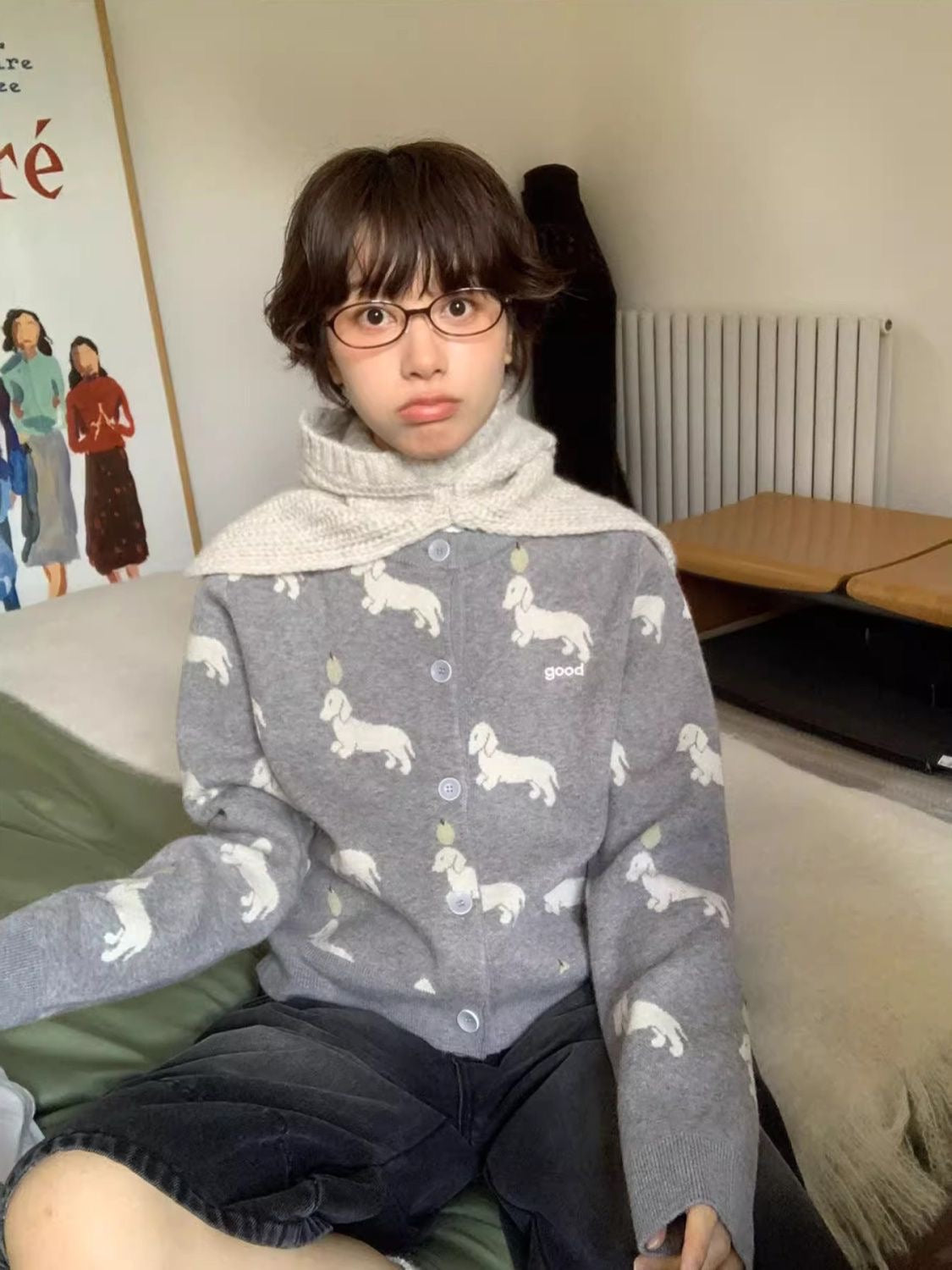 435g Grey Knit Cardigan with Dachshund Embroidery