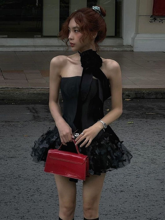 Black Rosette Strapless Ruffle Mini Dress