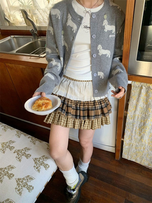 435g Grey Knit Cardigan with Dachshund Embroidery