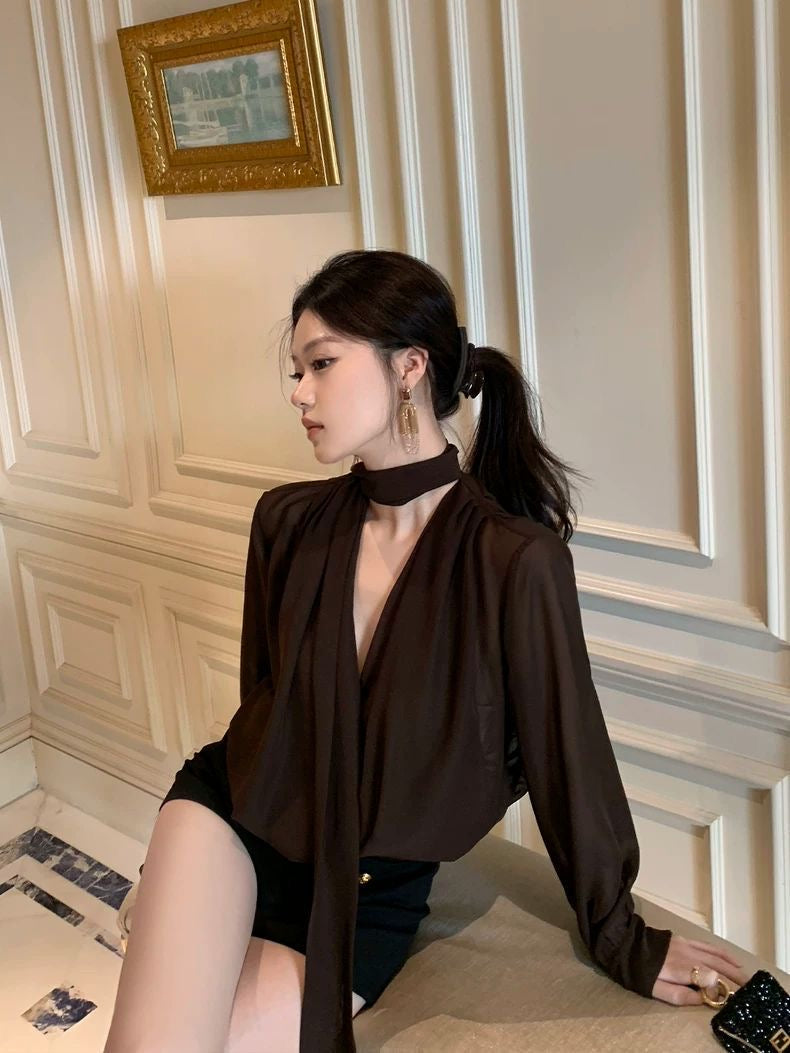 Sheer Chiffon Blouse & PU Leather Skirt Set with Belt