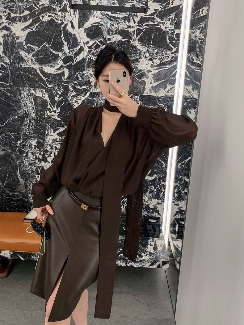Sheer Chiffon Blouse & PU Leather Skirt Set with Belt