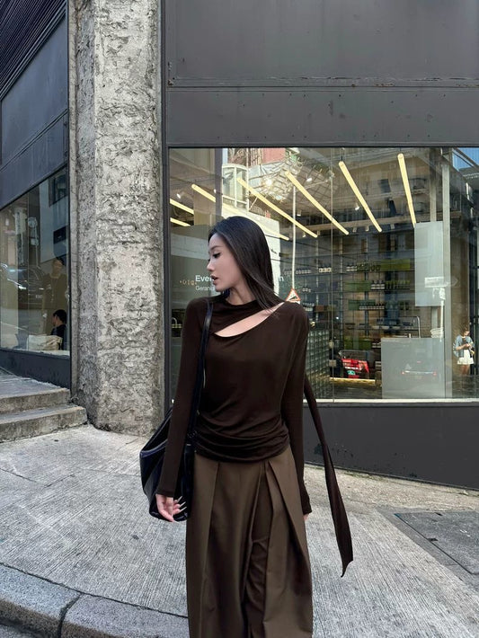 Asymmetric Scarf-Drape Long Sleeve Top