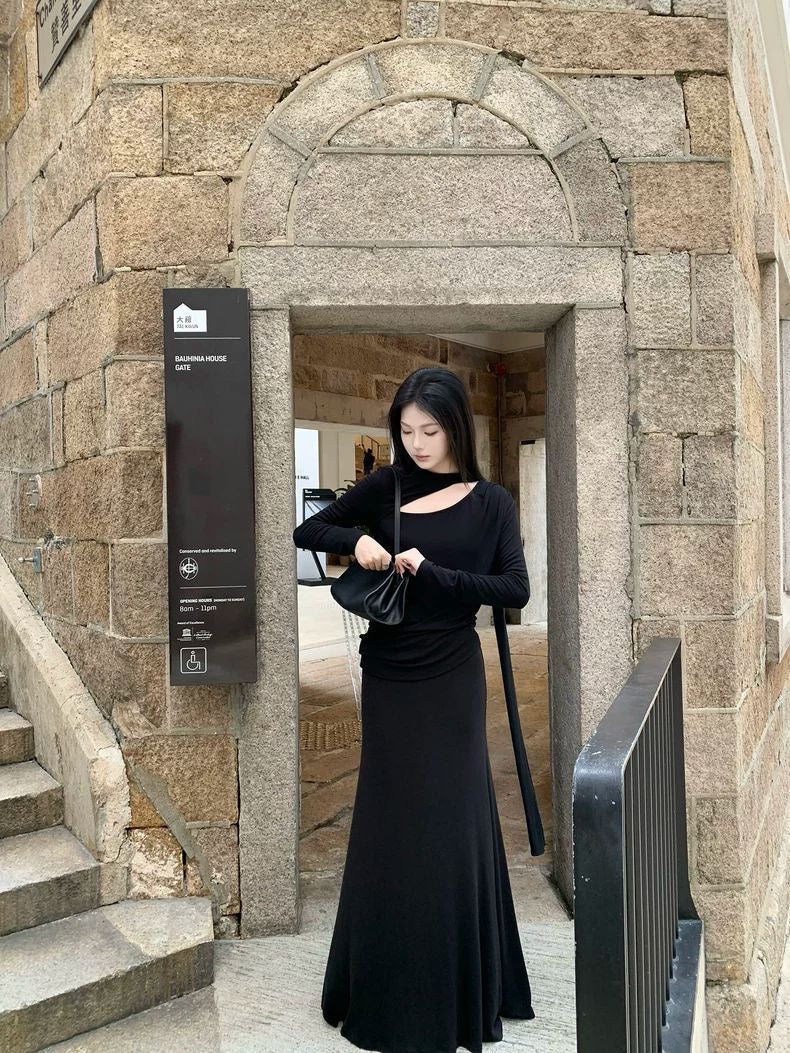 Asymmetric Scarf-Drape Long Sleeve Top