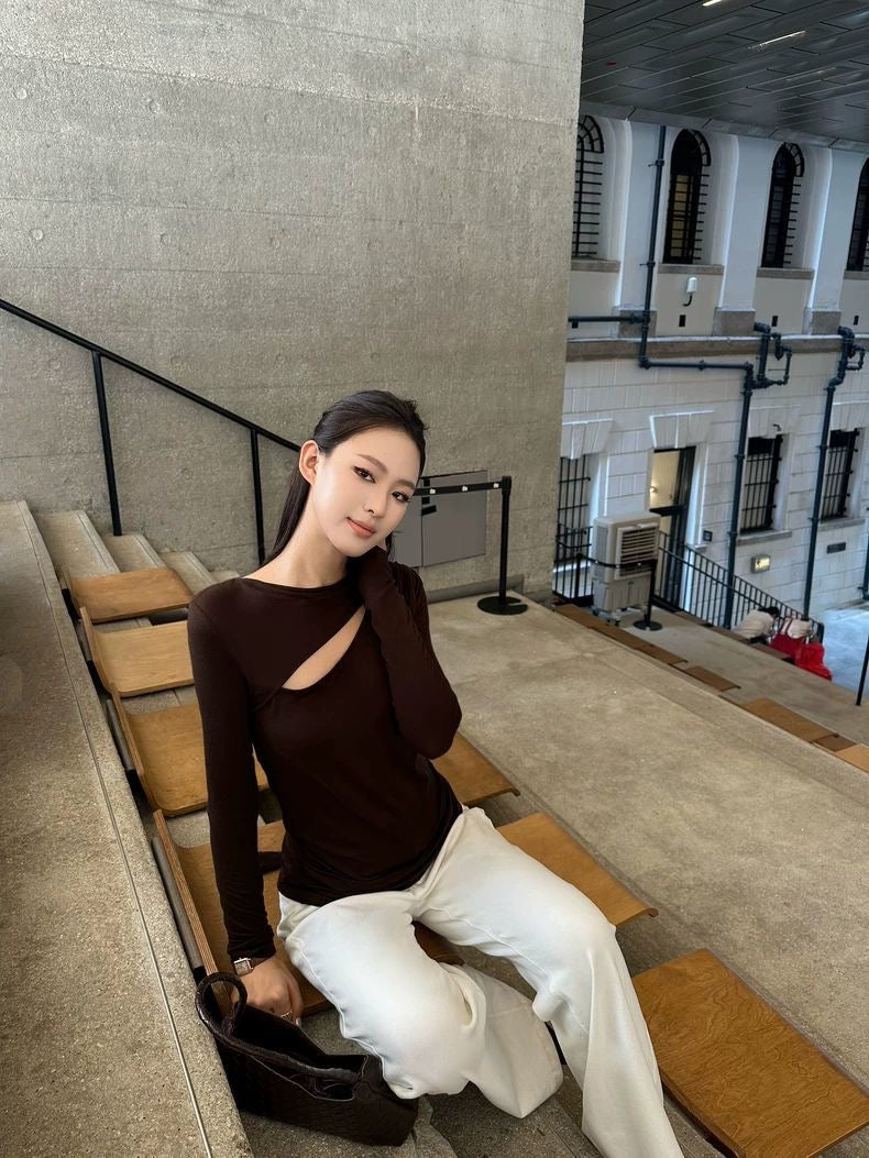Asymmetric Scarf-Drape Long Sleeve Top