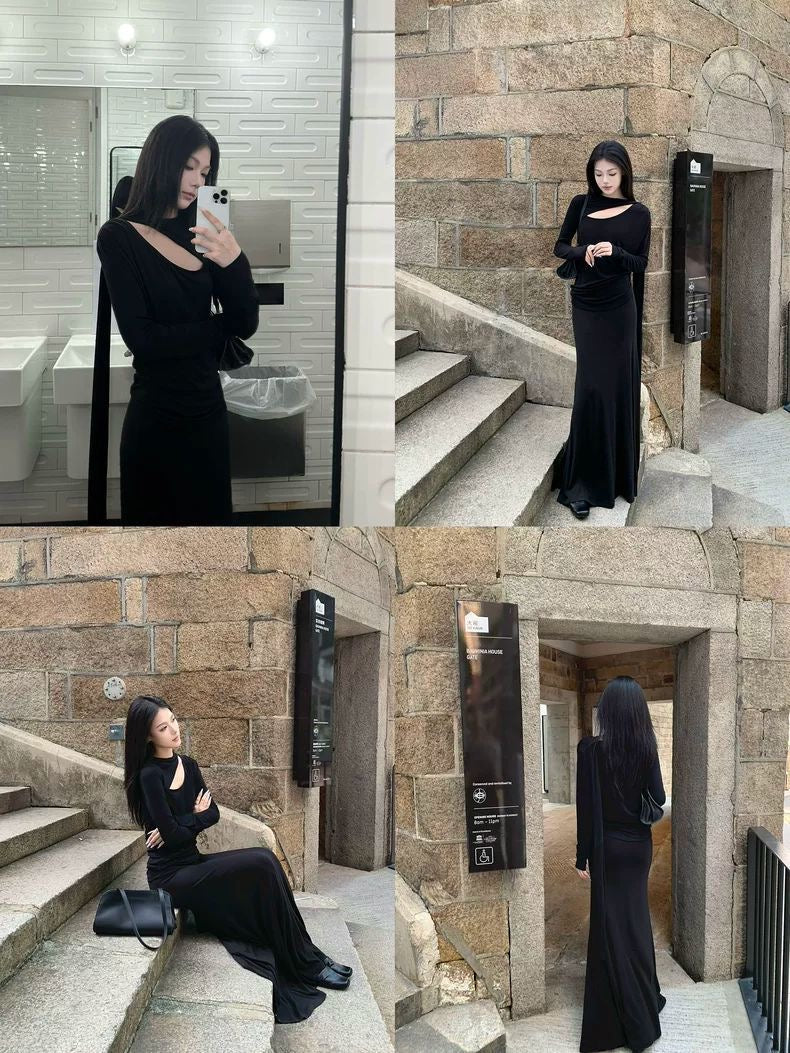 Asymmetric Scarf-Drape Long Sleeve Top
