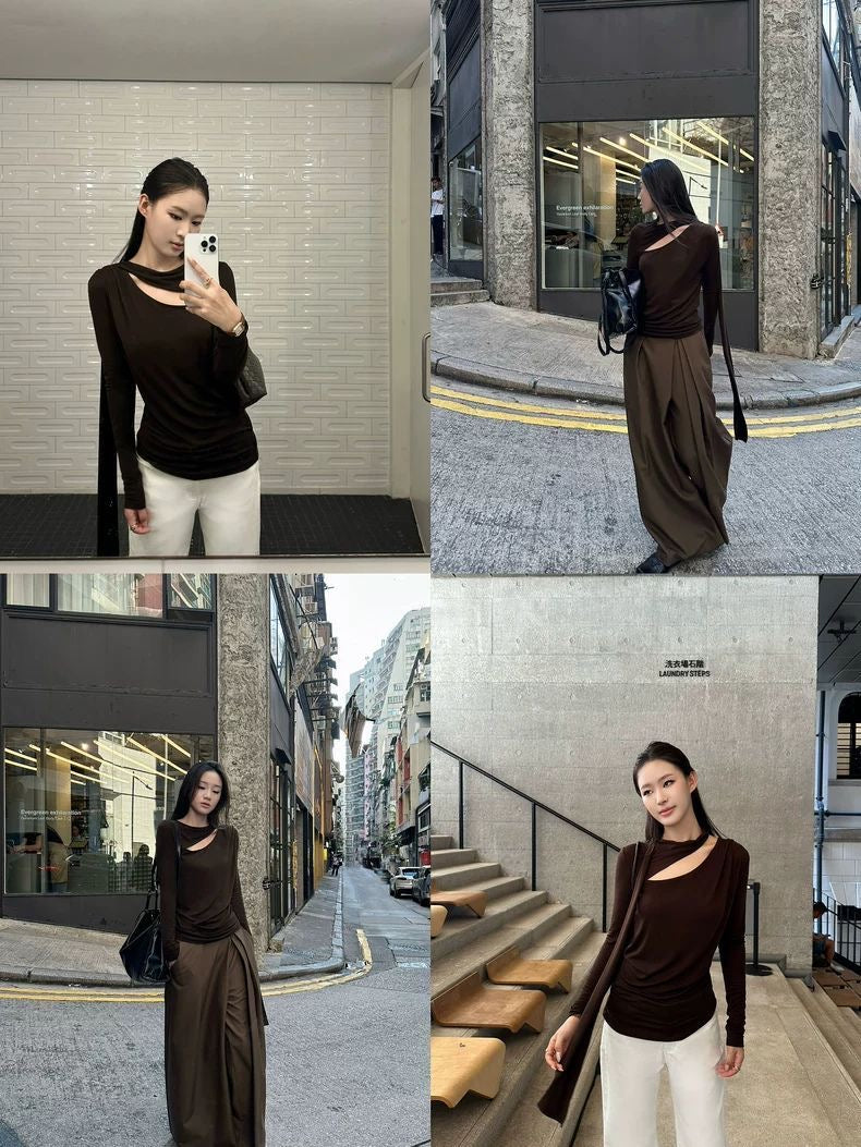 Asymmetric Scarf-Drape Long Sleeve Top