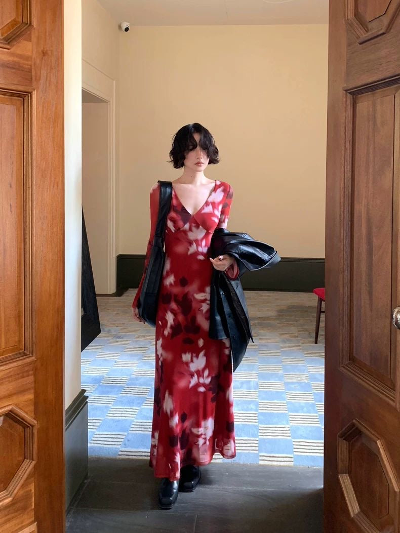 Red Floral Sheer Long-Sleeve Maxi Dress