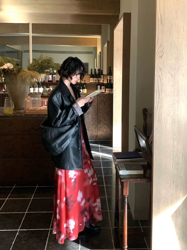 Red Floral Sheer Long-Sleeve Maxi Dress